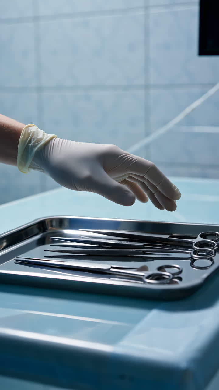 Gloved hand reaching for surgical instruments in an operating room