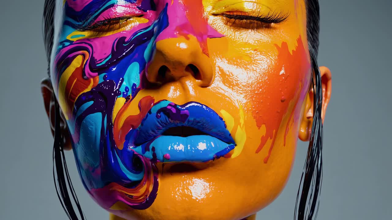 animación de morphing colorida que revela el rostro de la mujer transformándose a través de la mezcla de pintura vibrante, mostrando expresión artística con ojos cerrados y labios rosados contra un fondo gris neutral