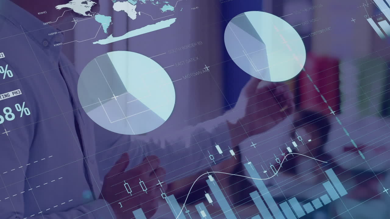 animación del procesamiento de datos en gráficos sobre maestros caucásicos y escolares en clase