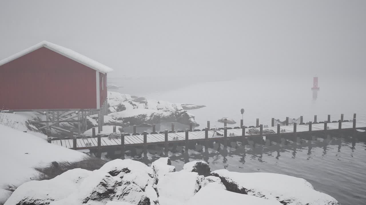 눈 인 해안에 있는 은 오두막