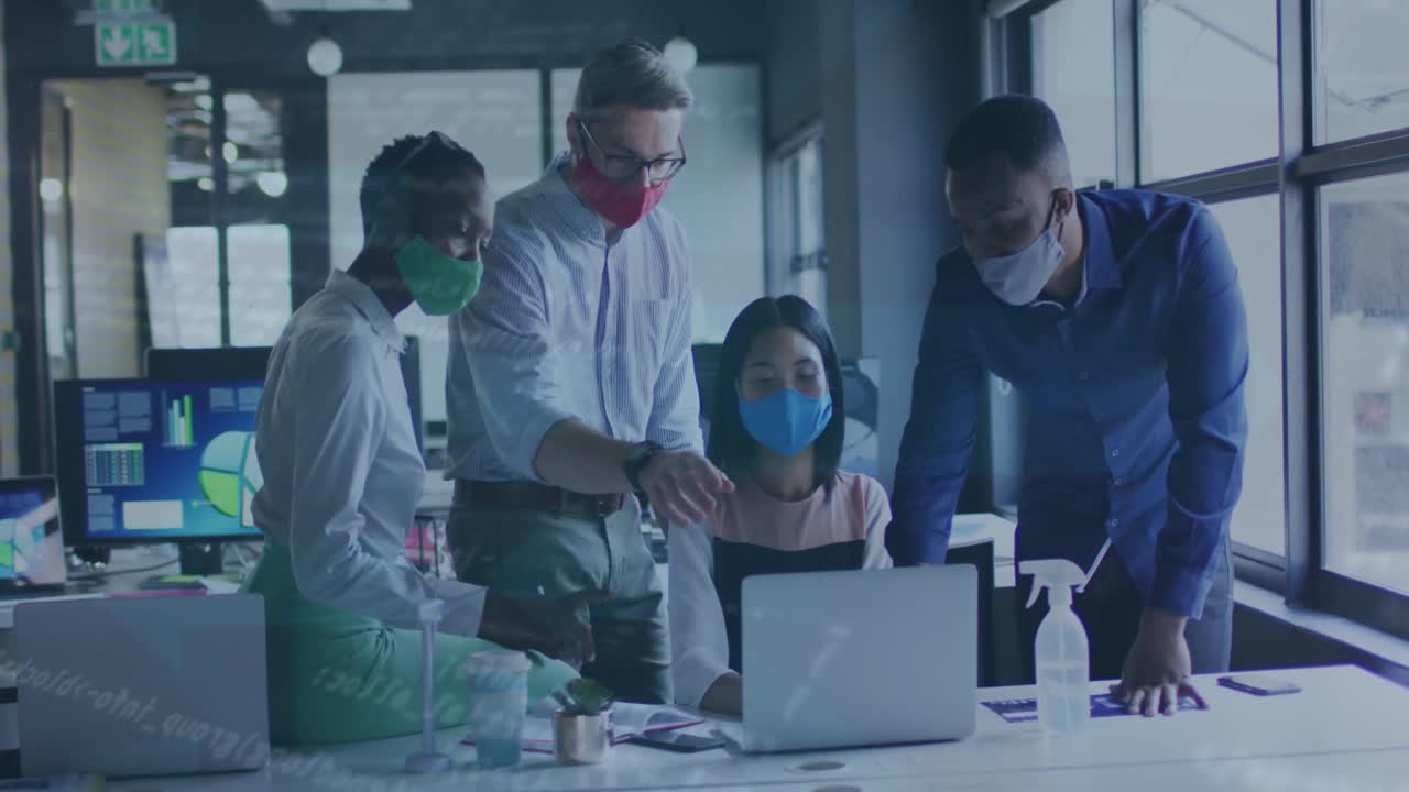 Animation of data processing over diverse business people with face masks using laptop