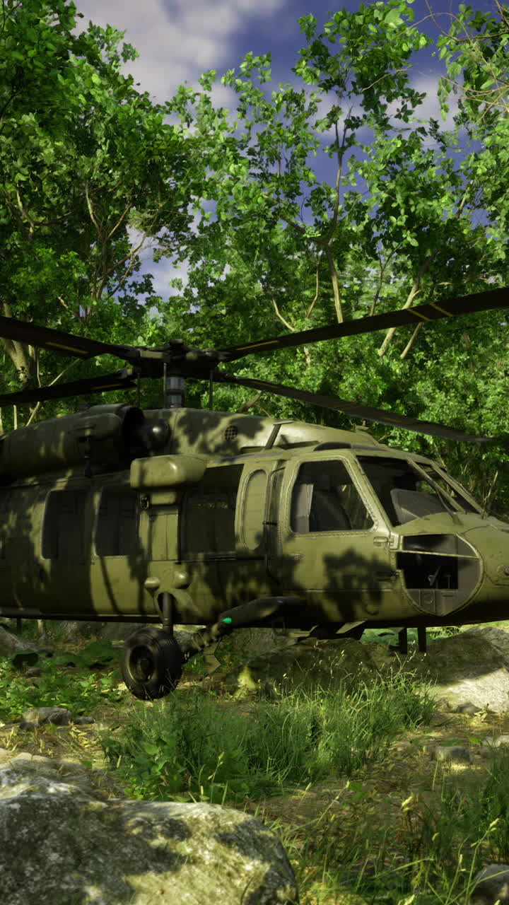 Helicopter rests amidst lush greenery in a dense tropical forest