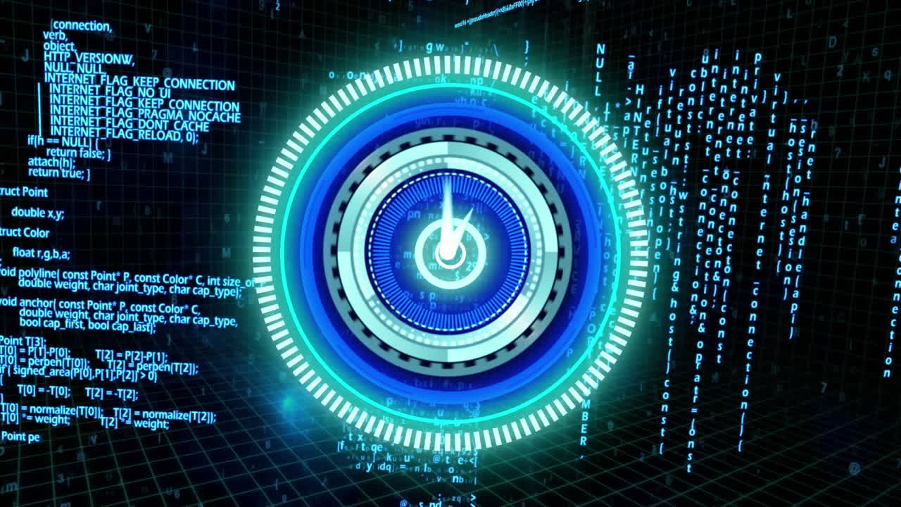 Animation of scope scanning with clock over data processing on black background