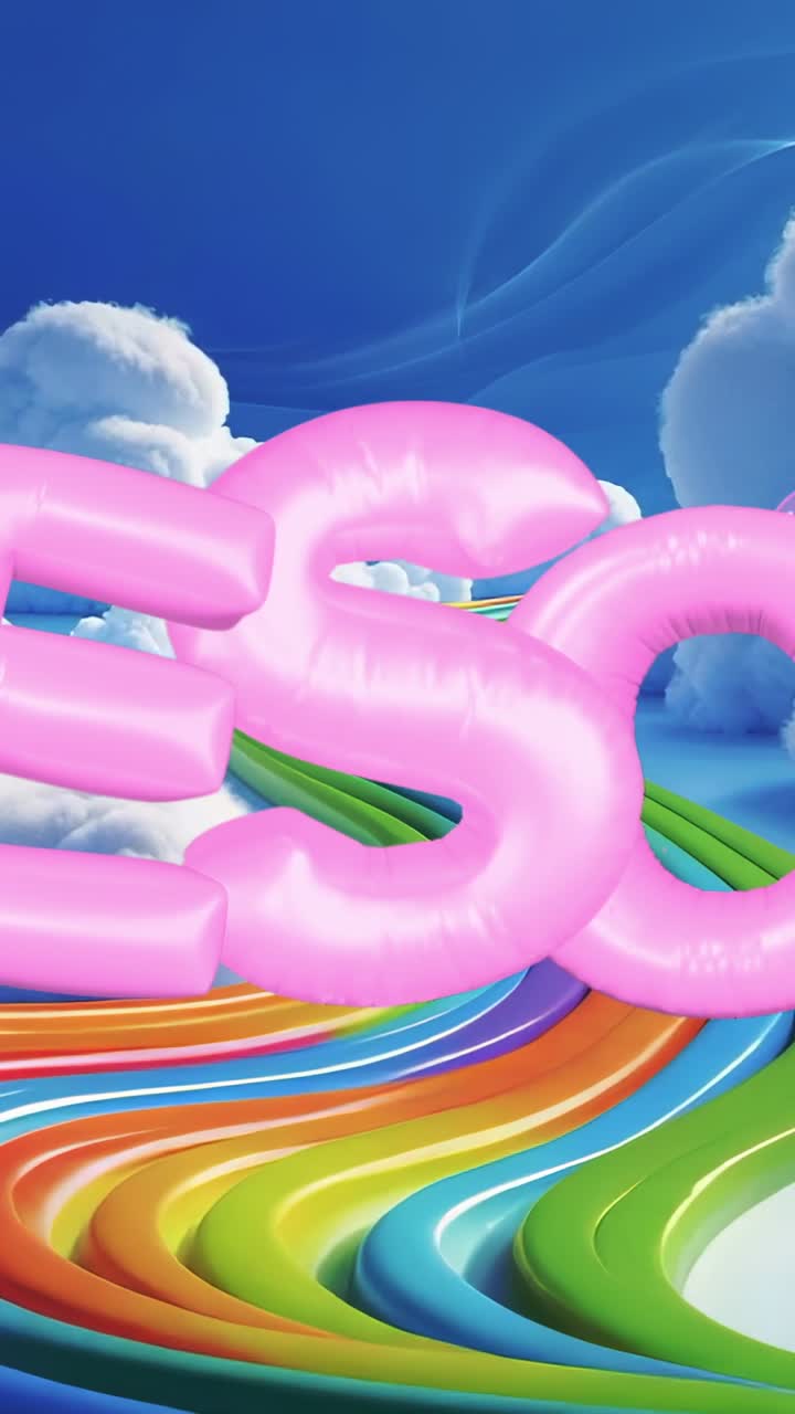 Vertical video: Entering view balloon letters gliding in sky, syncing ribbon, clouds looping drift