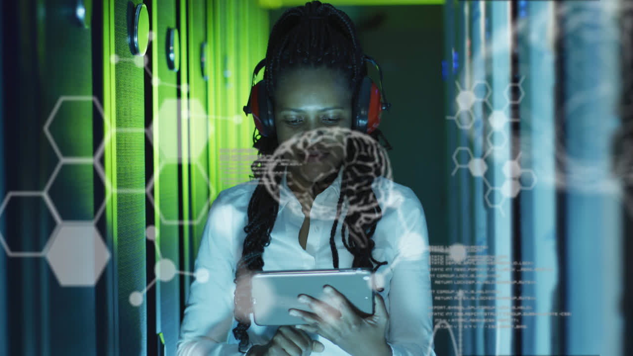 Animation of data processing over african american female worker in server room