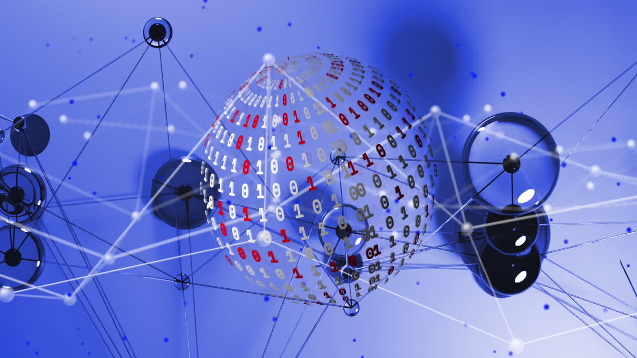 바이너리 코딩의 회전하는 지구의 애니메이션과 파란색 그라디엔트 배경에 연결하는 점