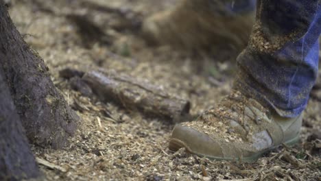 close up of a loggers shoes with sawdust flying down, guy using chainsaw, slowmo