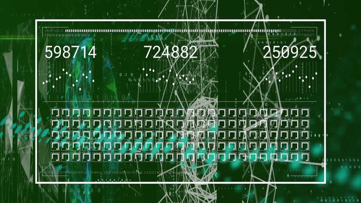 Animazione di numeri, dati e connessioni su sfondo verde