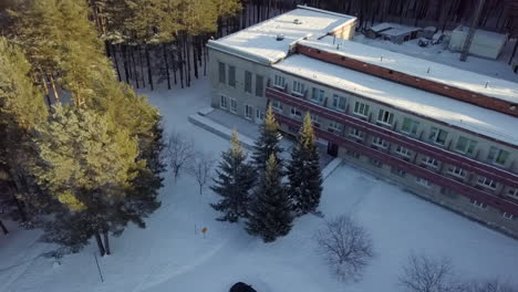 snowy building in a forest