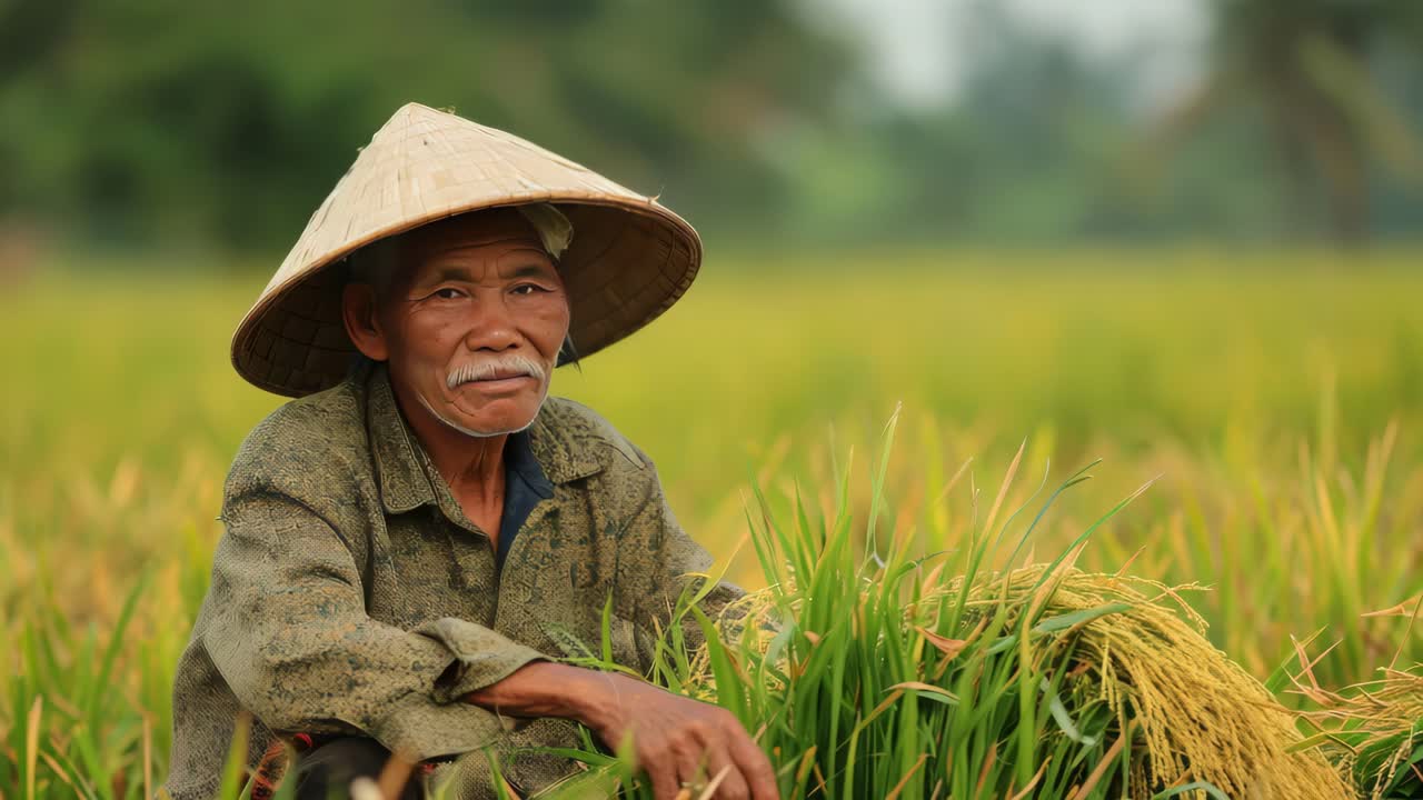 Senior Vietnamese farmer wearing traditional conical hat harvesting rice in a paddy field, representing agriculture and traditional farming practices in Vietnam