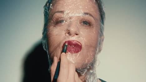 woman with plastic wrap on head applying lipstick