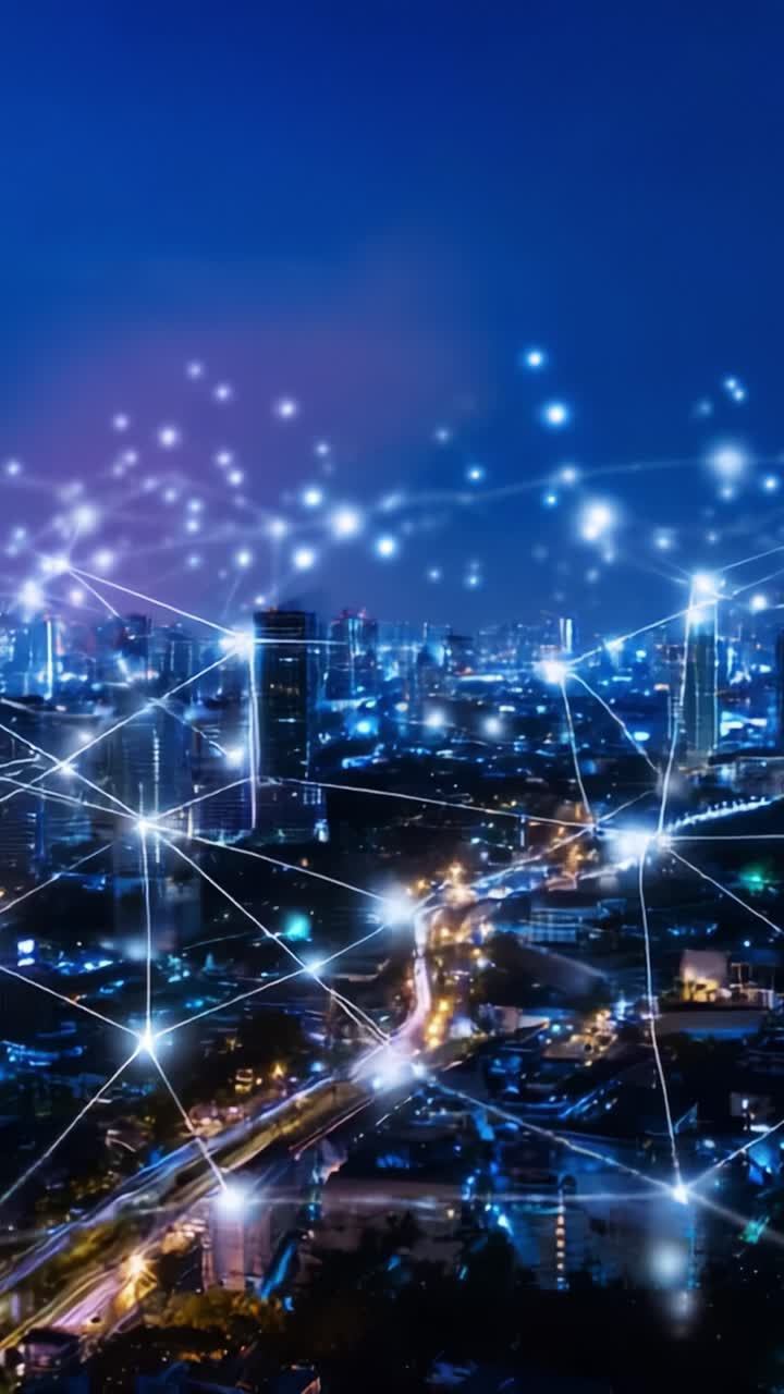 Illuminated Urban Landscape at Night Showcasing Connectivity Through Digital Networks and City Lights, Symbolizing Modern Technology and Innovation