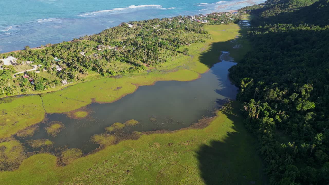 Aerial pullback of idyllic mangrove swamp in tropical island of Catanduanes, Philippines.
