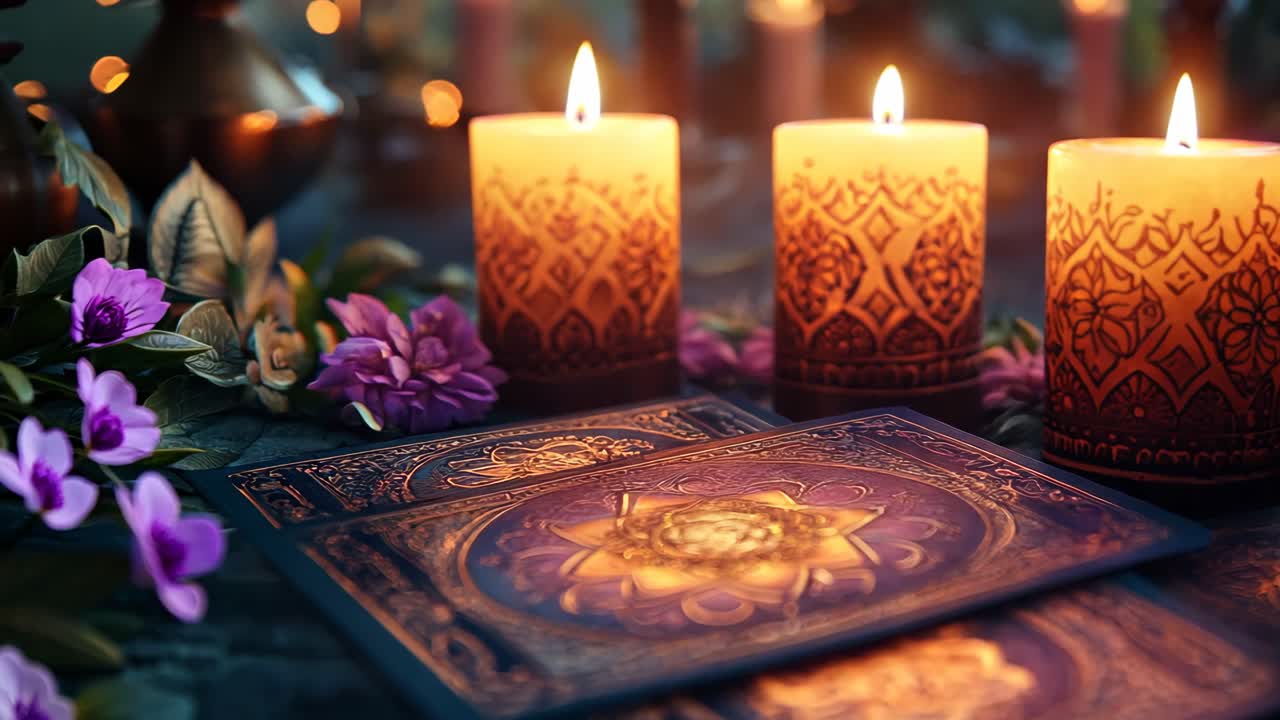 Three candles are lit on a table with a deck of tarot cards. The candles are yellow and the cards are blue