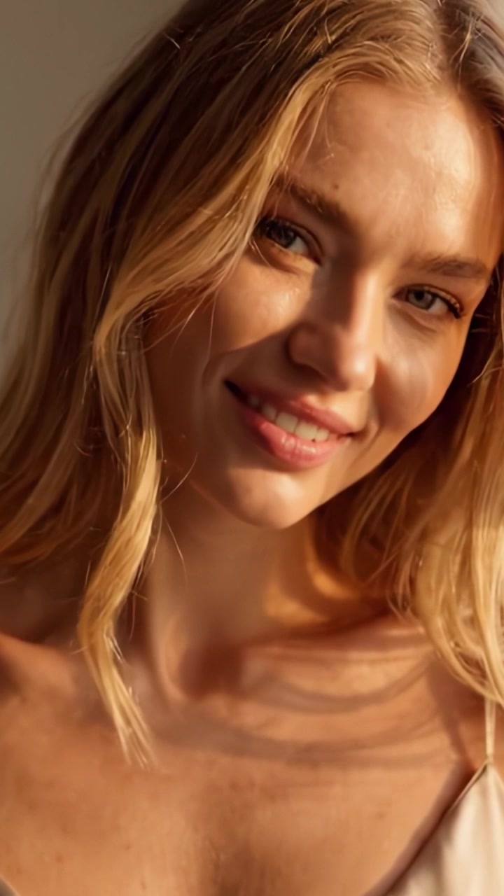 Un ritratto radioso di gioiosa eleganza: catturando lo splendore della bellezza naturale e sorrisi autentici in un'illuminazione morbida e calda.