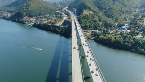 a high bridge over a river