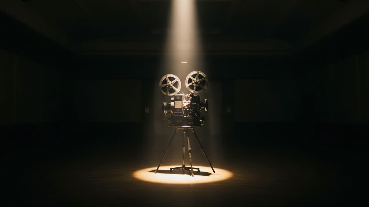 A Vintage Film Projector Illuminated by a Dramatic Spotlight in a Dimly Lit Room, Highlighting the Beauty of Classic Cinema Equipment