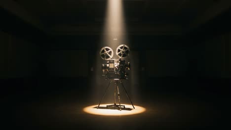 a vintage film projector illuminated by a dramatic spotlight in a dimly lit room, highlighting the beauty of classic cinema equipment