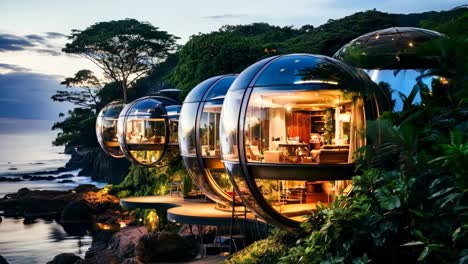 a couple of glass houses sitting on top of a cliff next to the ocean