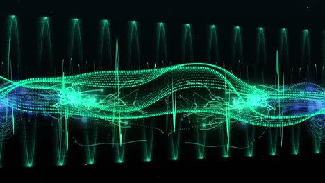 Animation-of-glowing-green-and-blue-light-trails-moving-on-back-background