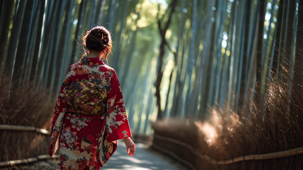 Cảnh nhìn từ phía sau một người phụ nữ mặc kimono và obi đầy màu sắc đi bộ dọc theo con đường rừng tre với ánh sáng ban mai dịu nhẹ, thể hiện khái niệm du lịch và văn hóa ở Nhật Bản.