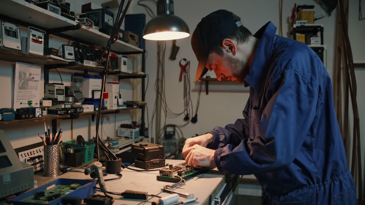 A man in a blue jumpsuit works on electronics in a cluttered workshop