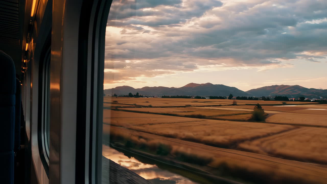 Train Journey Through Scenic Landscape at Sunset