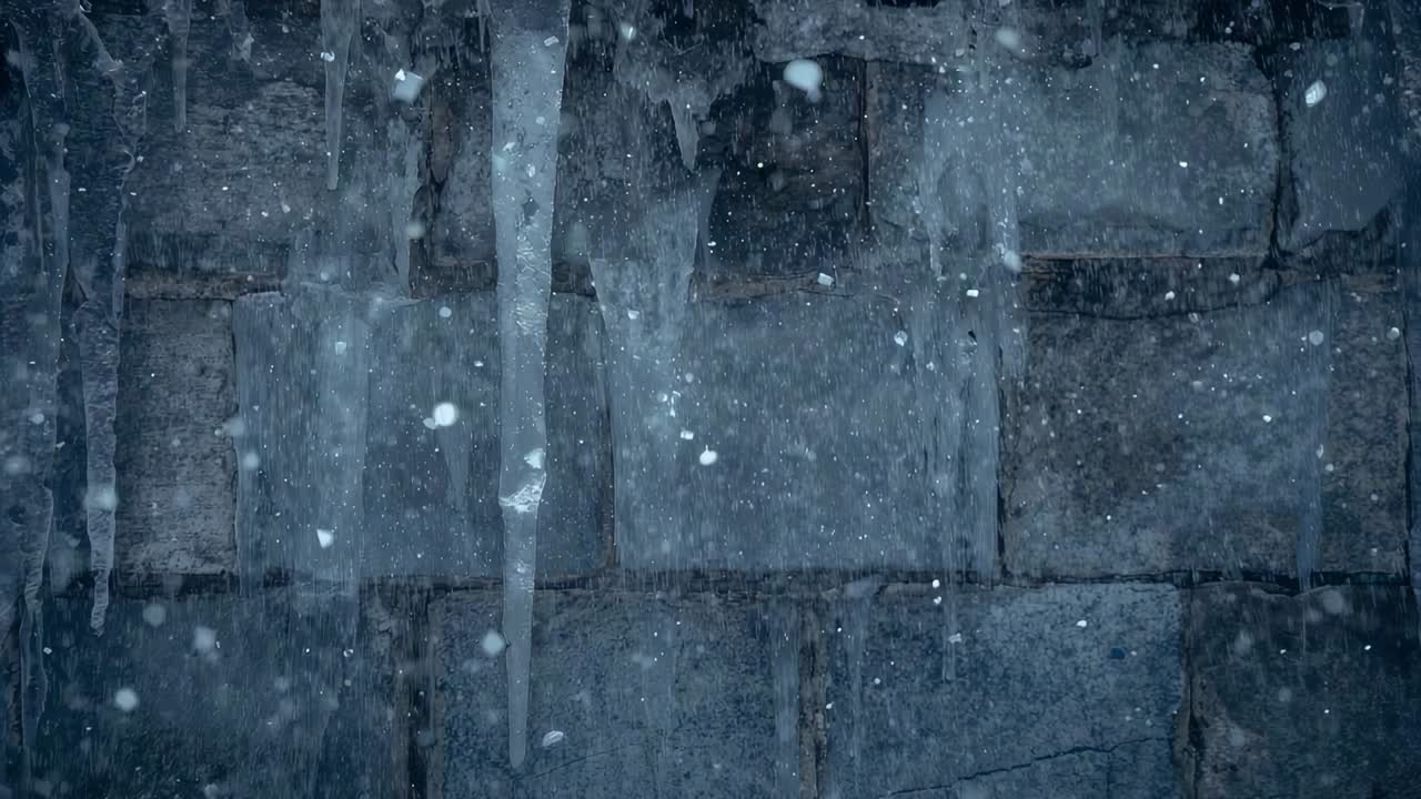 Snøflak som driver forbi en klynge istapper på en steinblokkvegg, forårsaket av bitende kulde