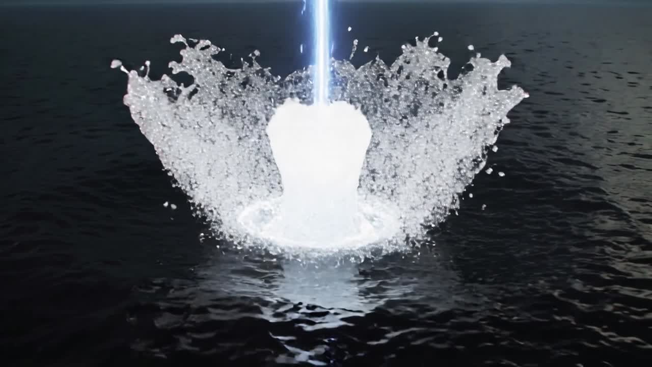 Raggio di energia discendente con sfera illuminata che trafigge il mare scuro di notte, creando un pennacchio di schizzi.