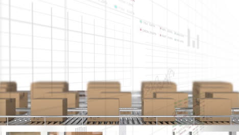 animation of trading boards and multiple graphs over cardboard boxes on conveyor belt