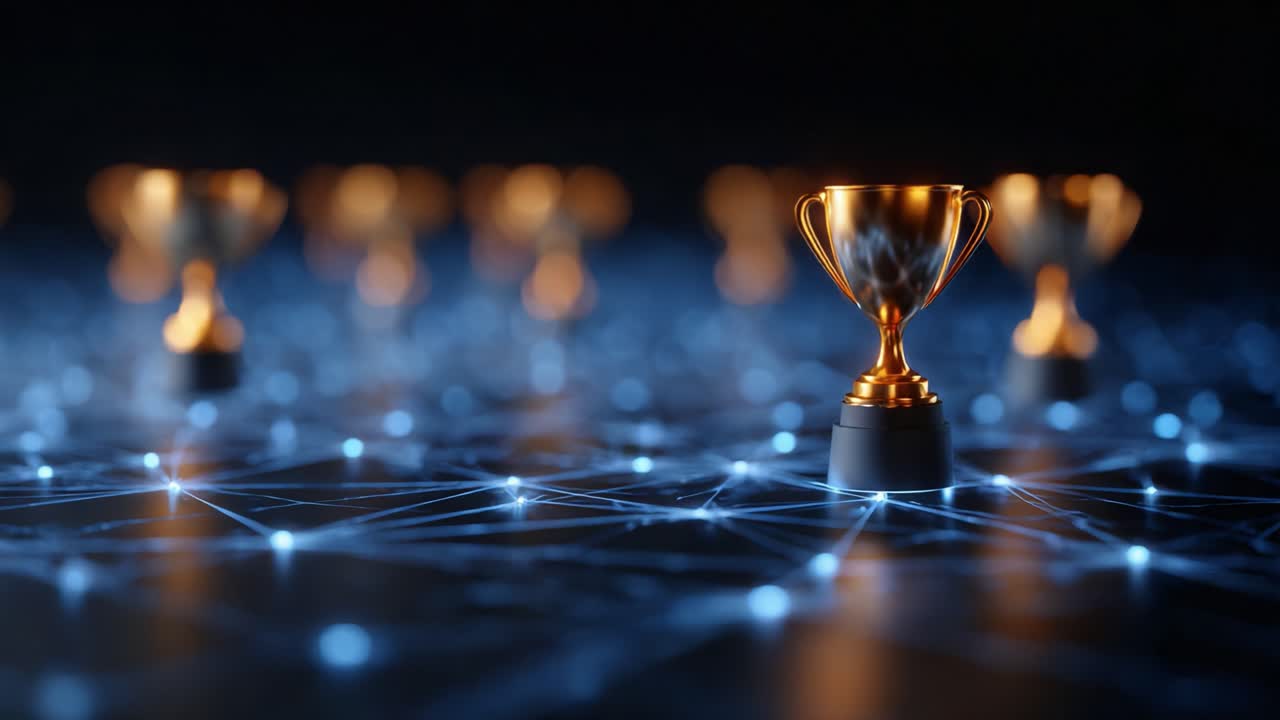 Celebrating Achievement: A Close-Up View of Gleaming Trophies Set Against a Vibrant Network of Lights, Symbolizing Success and Accomplishment in Digital Realms