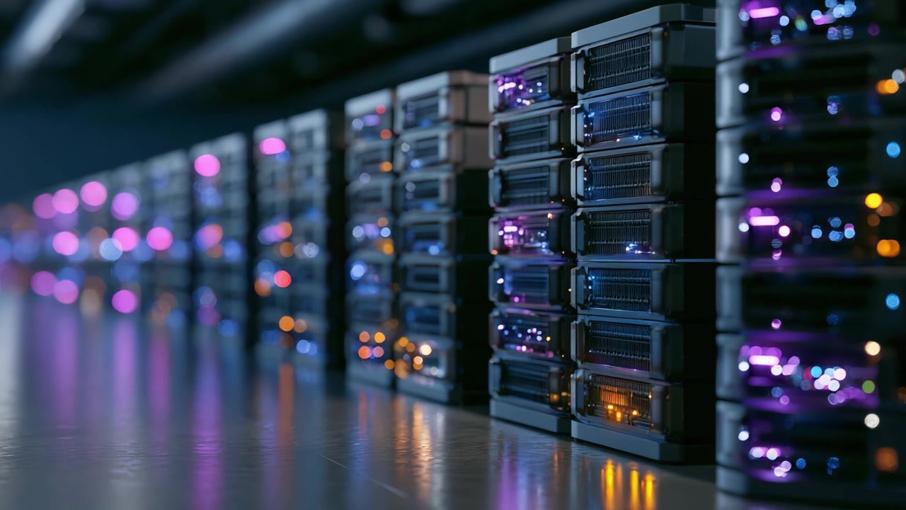 A Panoramic View of High-Performance Data Servers with Vibrant LED Lights Creating a Stunning Visual Display in a Modern Data Center Environment
