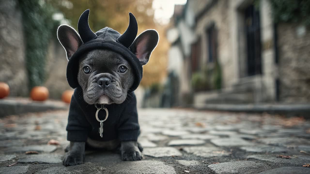 Um buldogue francês brincalhão vestido com uma fantasia de diabo posa charmosamente em um caminho de paralelepípedos cercado por folhas de outono e decoração sazonal