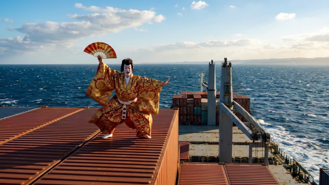 Diễn Viên Kabuki Mặc Kimono Truyền Thống Tạo Dáng Trên Tàu Chở Hàng Ngoài Biển