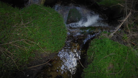 Una-Toma-Superior-De-Un-Pequeño-Arroyo-En-Medio-Del-Bosque-Con-Agua-Cristalina-Cayendo-Por-Las-Rocas-Cubiertas-De-Musgo-Verde