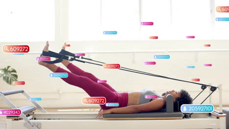 exercising on pilates reformer, woman with social media notifications animation