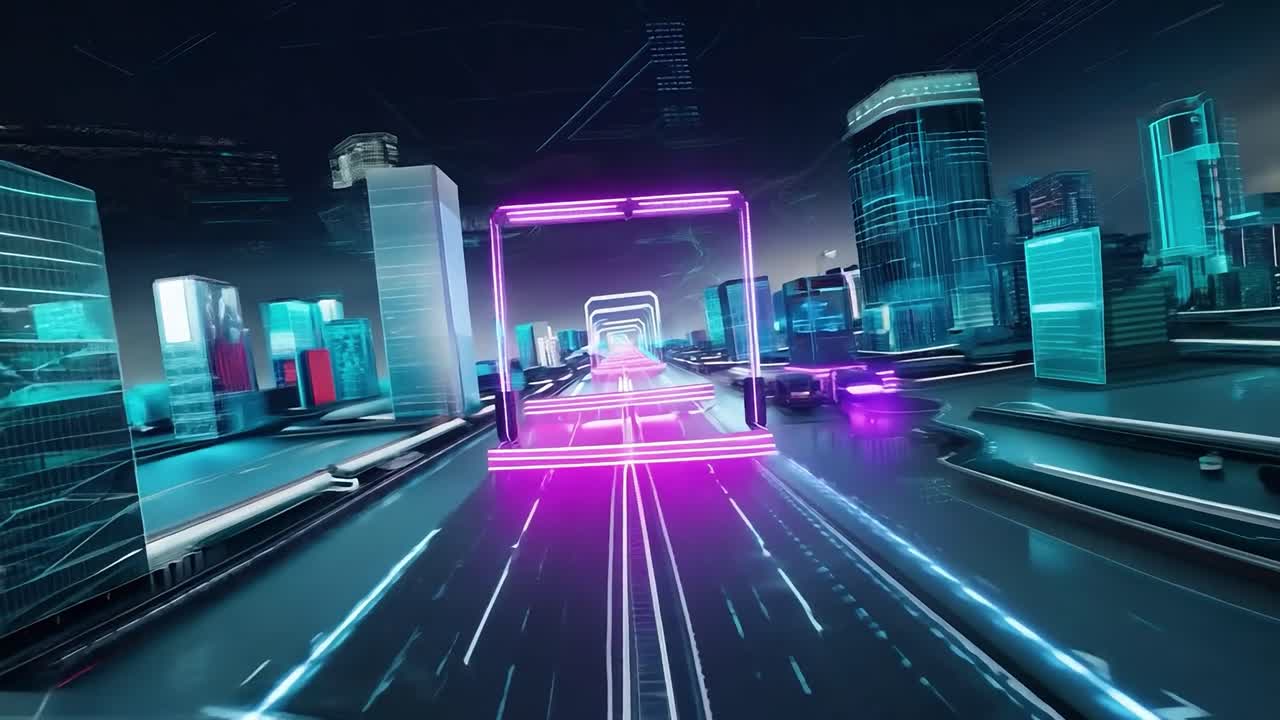 네온 조명과 반이는 건축물로 미래의 도시 풍경
