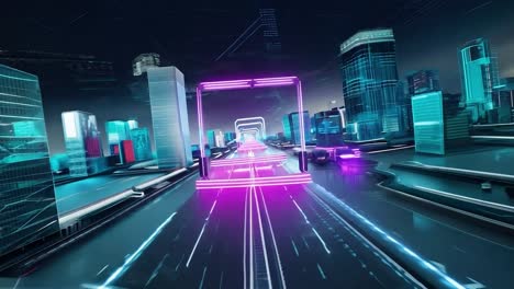 futuristic cityscape with neon lights and glowing architecture