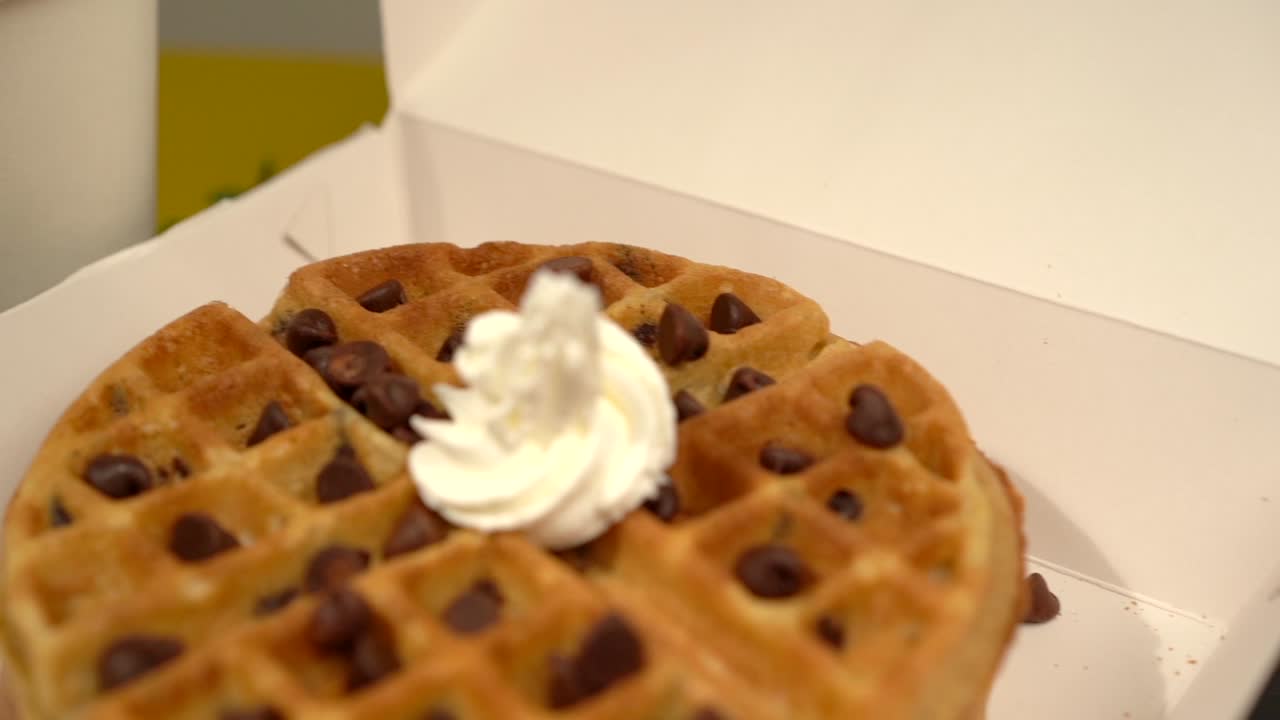 chocolate chips waffles and coffee sweet cream slow motion
