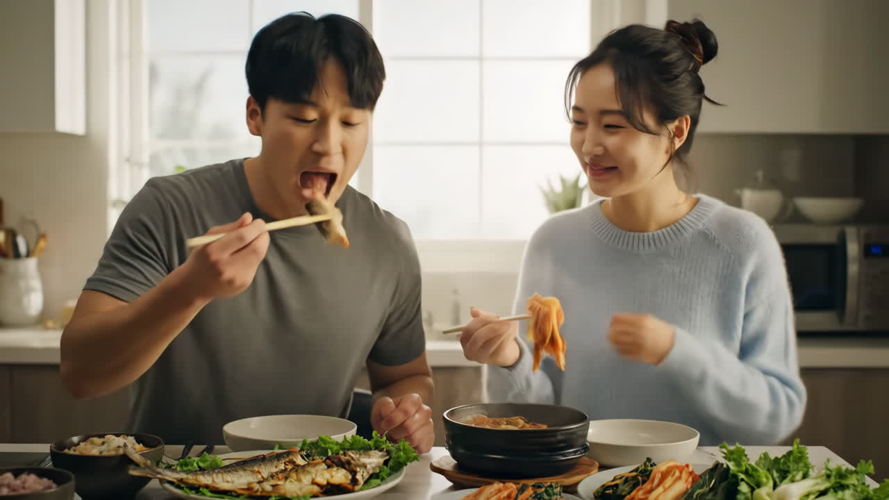 A couple enjoying a Korean meal at home