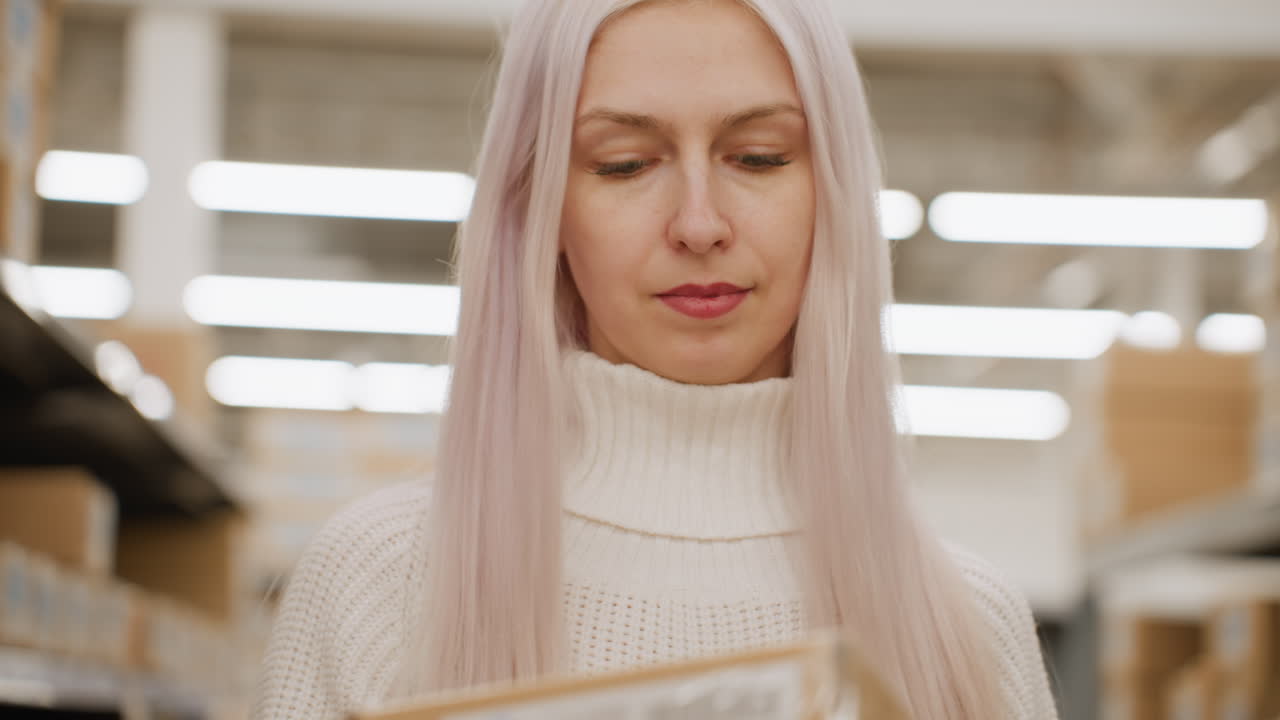 Close up of female shopper holding pink cupcake box in supermarket aisle, examining price label and placing treats into cart while surveying shelves, showing decision making and treat selection