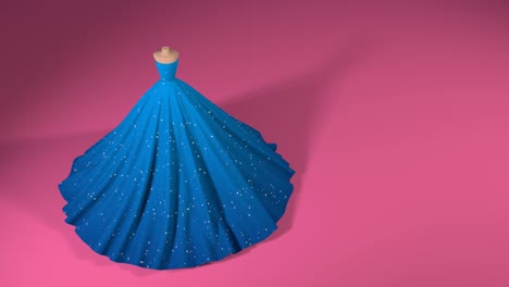 blue fluffy shining dress on pink background turns around. 3d 4k animation with copy space