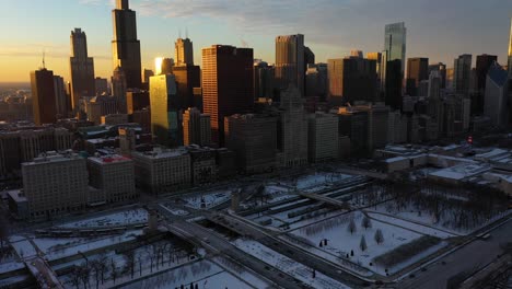 urban cityscape of chicago at winter sunset. golden hour. aerial view. usa
