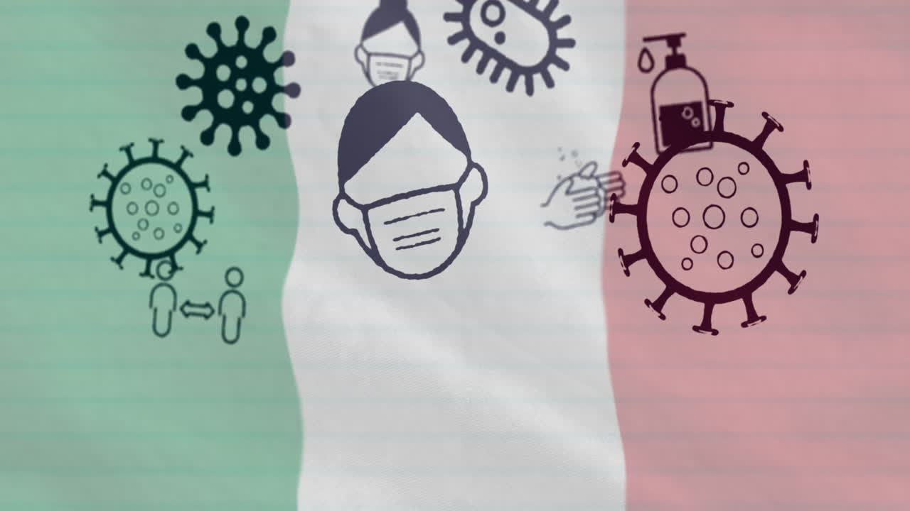 Animación de células del virus COVID-19 e iconos digitales sobre la bandera de Italia.