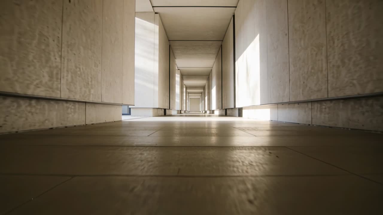 Moving low camera inching forward along tiled floor toward exit, revealing wall panels and sunlight