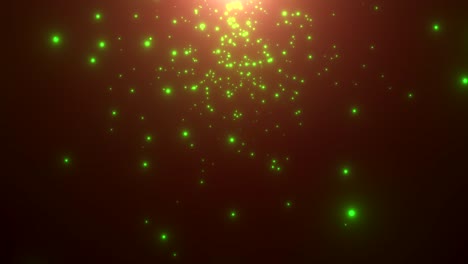 pequeñas partículas verdes y estrellas en fondo oscuro
