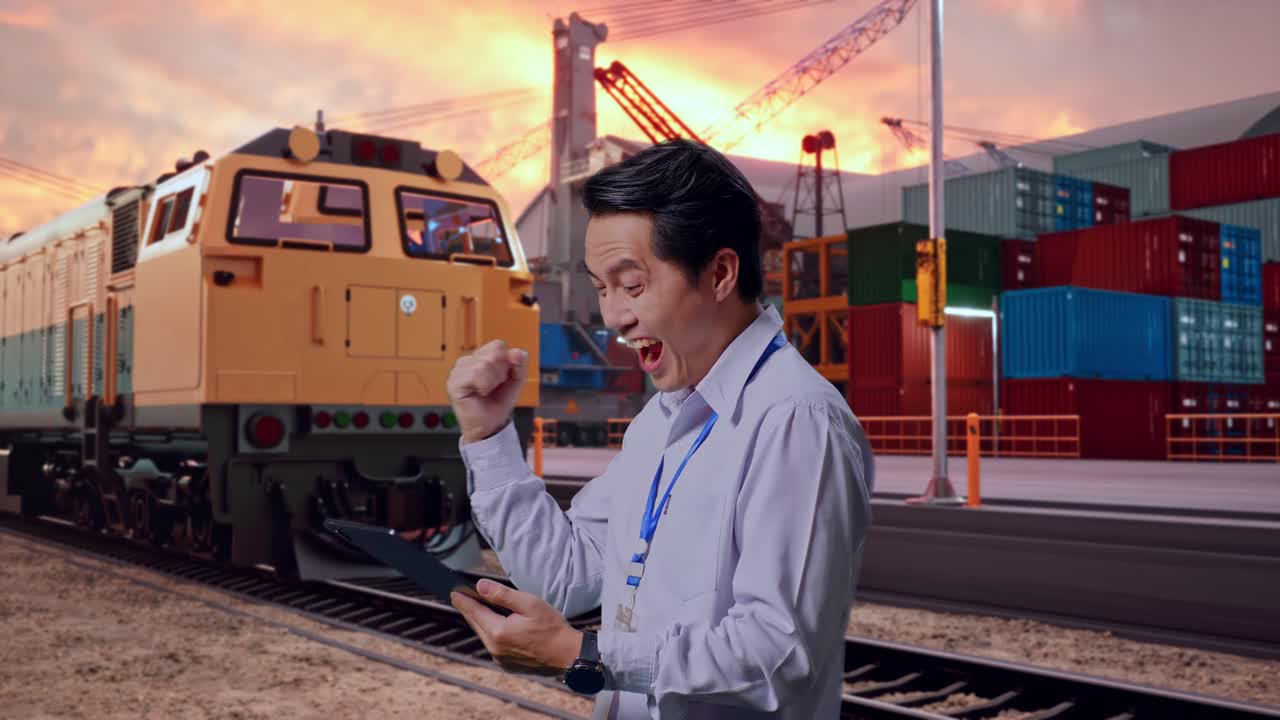 Side View Of An Asian Male Professional Worker Standing With His Tablet With Freight Cargo Train At Port, He Raises His Fist Up With Screaming Goal