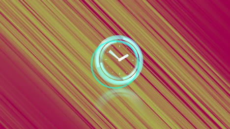 animación digital de reloj de neón contra rastros de luz amarilla en fondo rojo