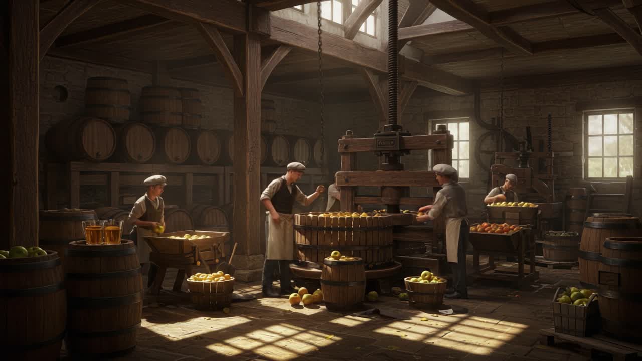 A Traditional Apple Cider Production Setting, Depicting Workers Engaged in the Process of Crushing Apples and Filling Barrels with Fresh Juice in a Rustic Environment