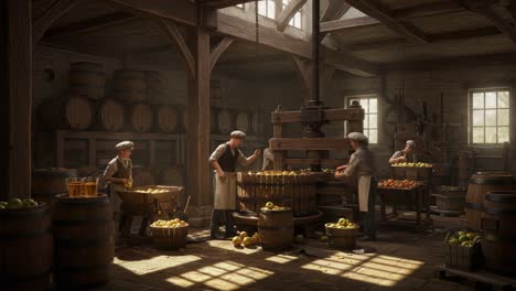 a traditional apple cider production setting, depicting workers engaged in the process of crushing apples and filling barrels with fresh juice in a rustic environment
